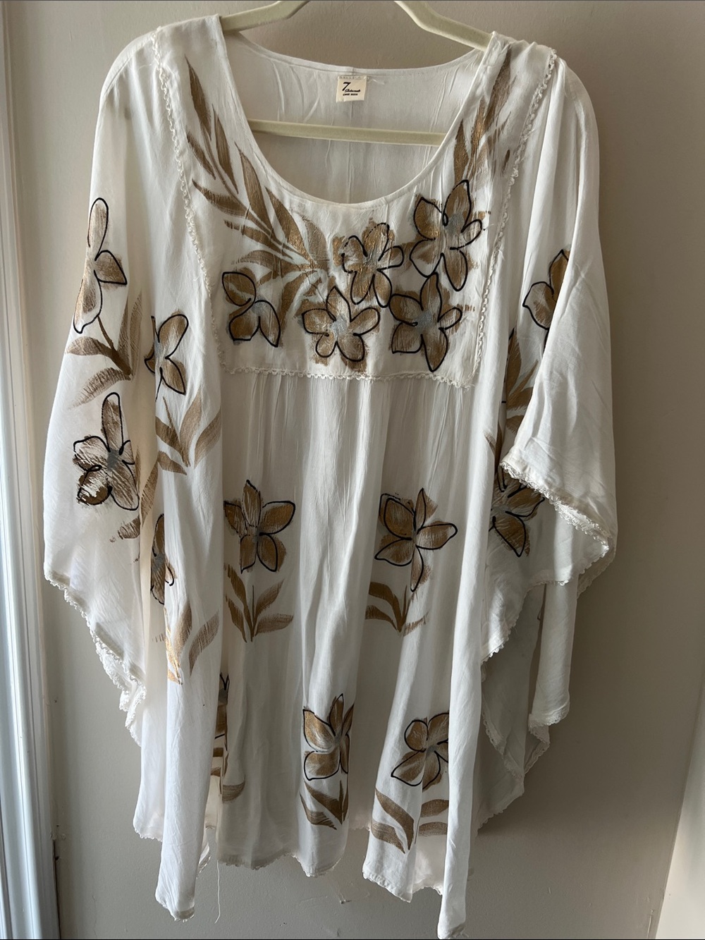 Boho Floral Embroidered Sheer Tunic/Poncho- White, Tan, Gray, Gold